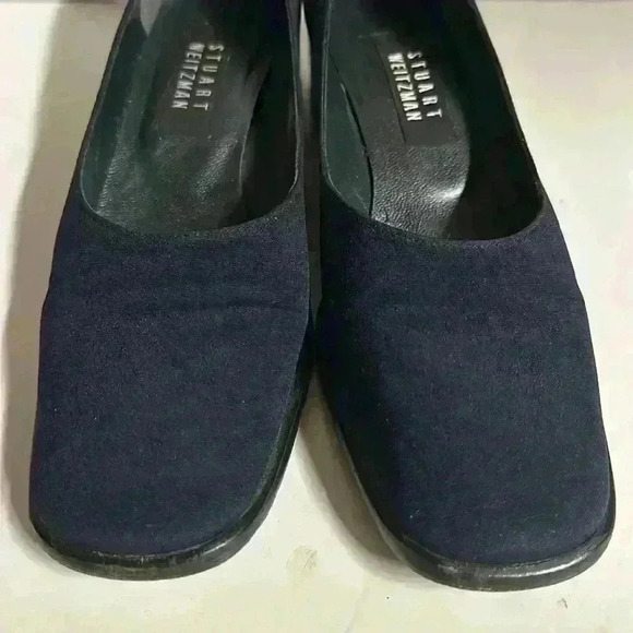 Vintage Stuart Weitzman navy blue cloth square toe black leather heel size 9N - Picture 7 of 11